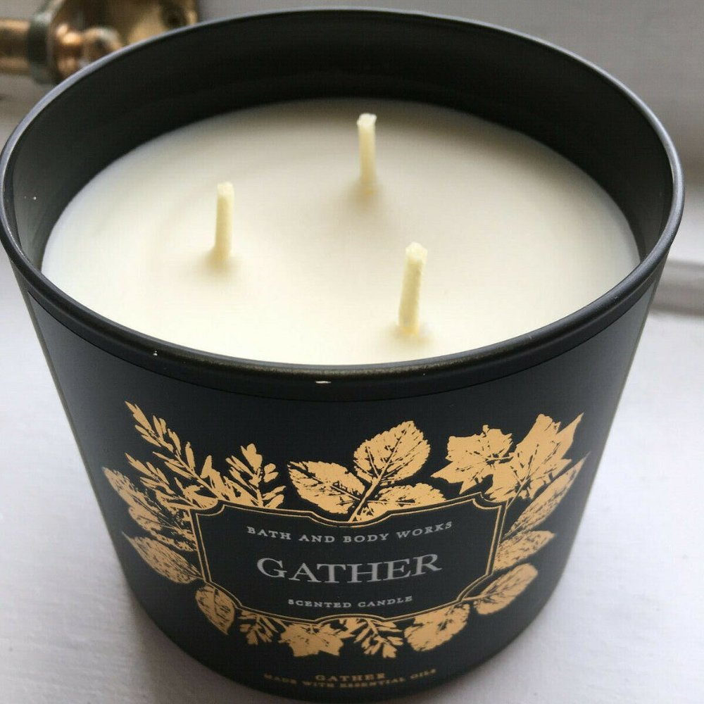 Bath and Body Works “Gather” Scented 3-Wick Candle Black Gold Label Rare - Picture 2 of 4